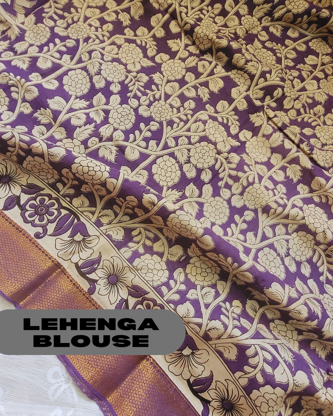 Kalamkari Silk Unstitched Lehenga Fabric 3pcs Set - purple