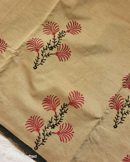 Cotton Mix Block Printed Saree with Contrast Additional Blouse Piece - Dusty Golden Grey Latha