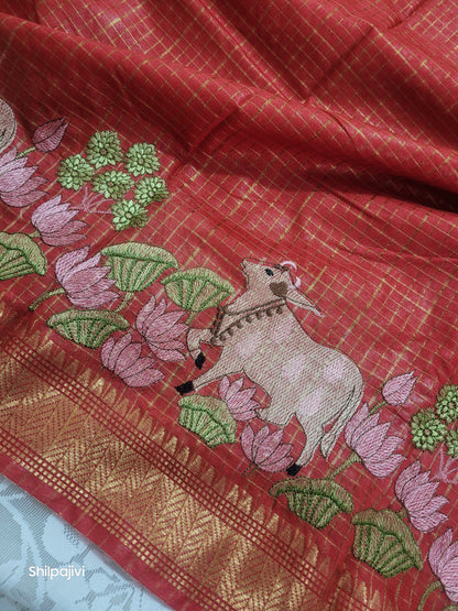 Mangalagiri Zari stripe silk saree with Pichwai Embroidery - Candy orange