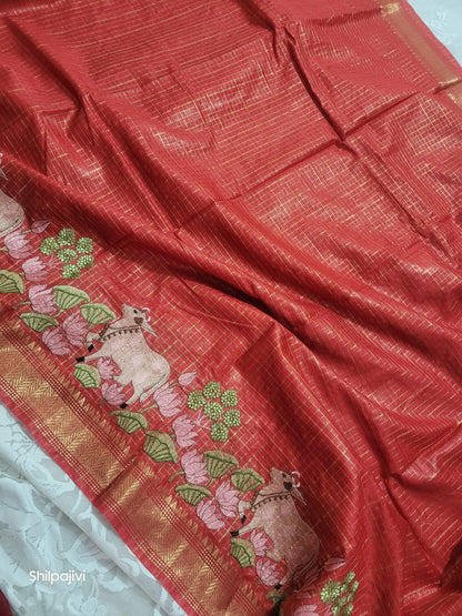 Mangalagiri Zari stripe silk saree with Pichwai Embroidery - Candy orange
