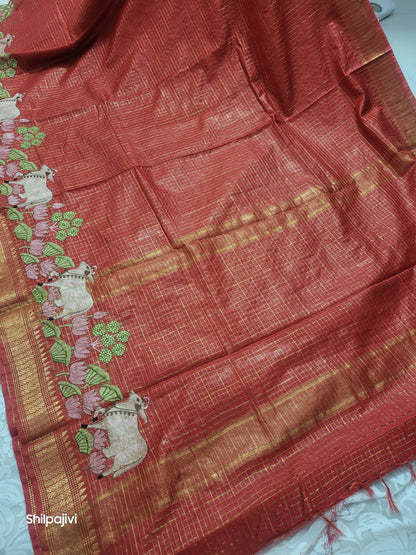 Mangalagiri Zari stripe silk saree with Pichwai Embroidery - Candy orange