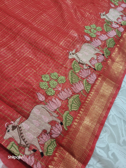 Mangalagiri Zari stripe silk saree with Pichwai Embroidery - Candy orange