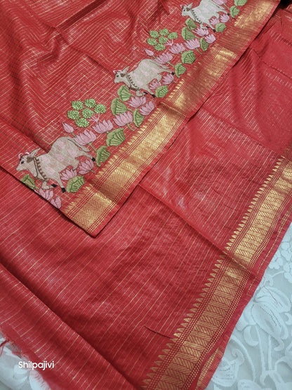 Mangalagiri Zari stripe silk saree with Pichwai Embroidery - Candy orange