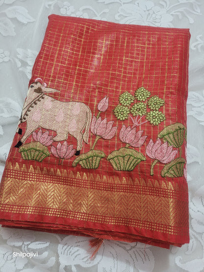 Mangalagiri Zari stripe silk saree with Pichwai Embroidery - Candy orange