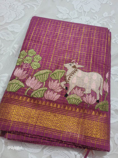 Mangalagiri Zari stripe silk saree with Pichwai Embroidery - Dark Pink