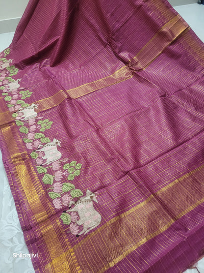 Mangalagiri Zari stripe silk saree with Pichwai Embroidery - Dark Pink