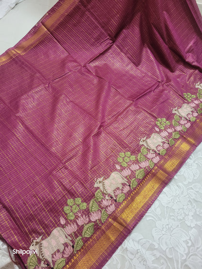 Mangalagiri Zari stripe silk saree with Pichwai Embroidery - Dark Pink