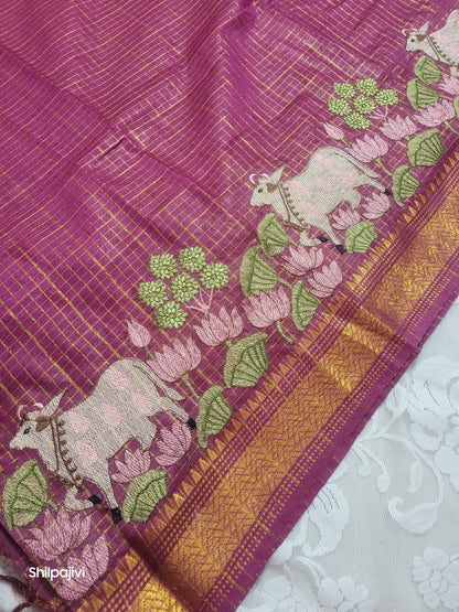 Mangalagiri Zari stripe silk saree with Pichwai Embroidery - Dark Pink