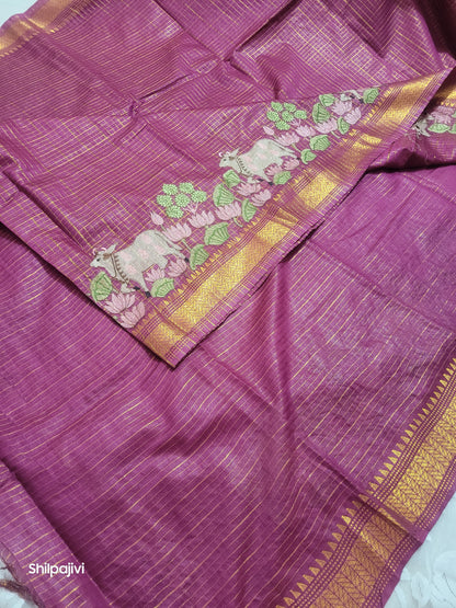 Mangalagiri Zari stripe silk saree with Pichwai Embroidery - Dark Pink