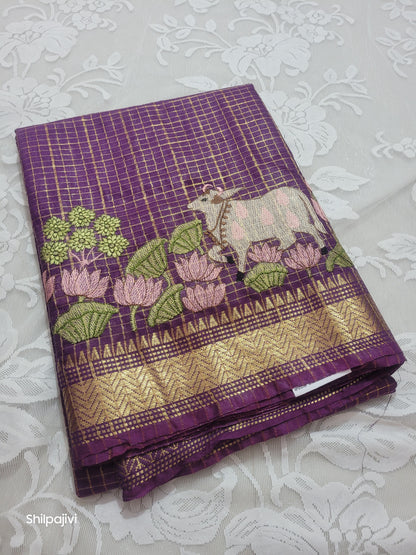 Mangalagiri Zari stripe silk saree with Pichwai Embroidery - Dark Purple