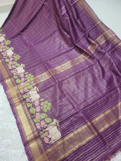 Mangalagiri Zari stripe silk saree with Pichwai Embroidery - Dark Purple
