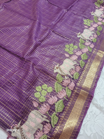 Mangalagiri Zari stripe silk saree with Pichwai Embroidery - Dark Purple