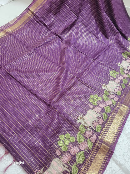 Mangalagiri Zari stripe silk saree with Pichwai Embroidery - Dark Purple