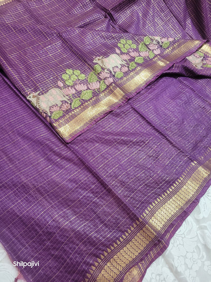 Mangalagiri Zari stripe silk saree with Pichwai Embroidery - Dark Purple