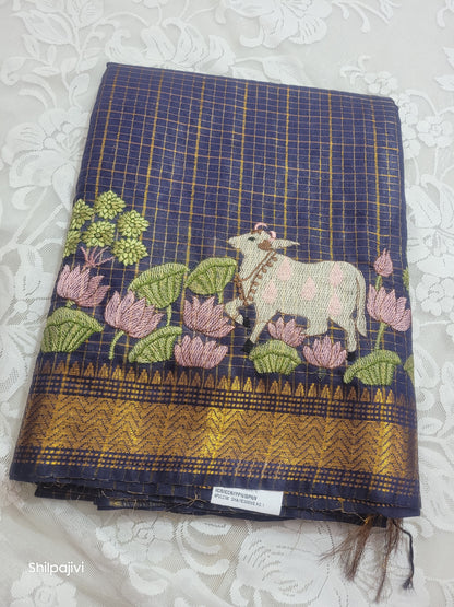 Mangalagiri Zari stripe silk saree with Pichwai Embroidery - Dark Blue