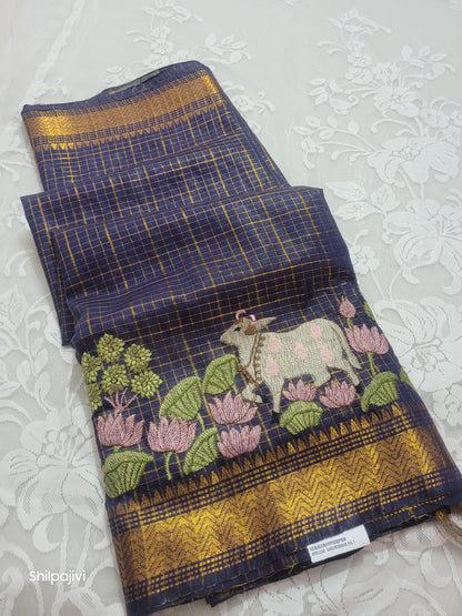 Mangalagiri Zari stripe silk saree with Pichwai Embroidery - Dark Blue