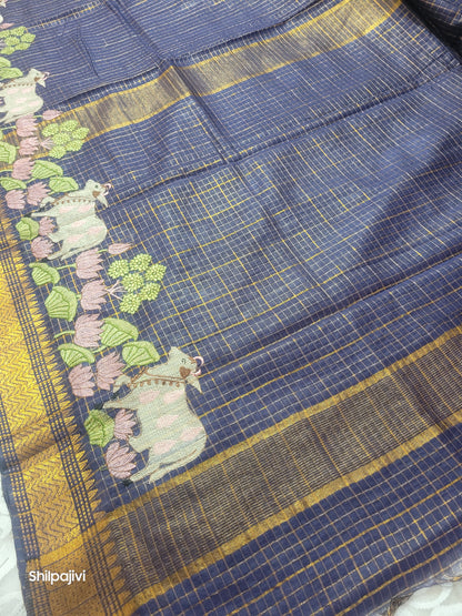 Mangalagiri Zari stripe silk saree with Pichwai Embroidery - Dark Blue