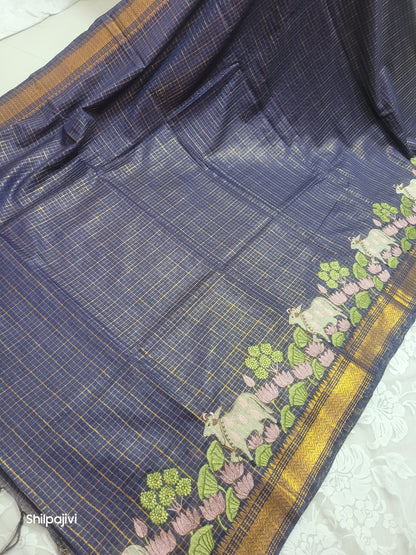 Mangalagiri Zari stripe silk saree with Pichwai Embroidery - Dark Blue