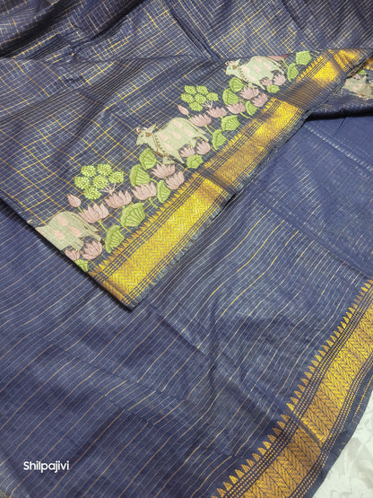 Mangalagiri Zari stripe silk saree with Pichwai Embroidery - Dark Blue