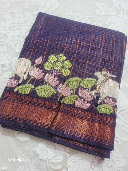 Mangalagiri Zari stripe silk saree with Pichwai Embroidery - Dark Purple copper zari