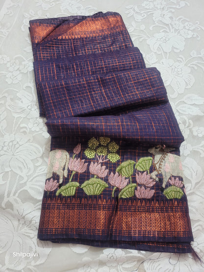 Mangalagiri Zari stripe silk saree with Pichwai Embroidery - Dark Purple copper zari
