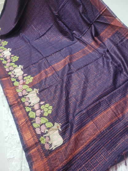 Mangalagiri Zari stripe silk saree with Pichwai Embroidery - Dark Purple copper zari