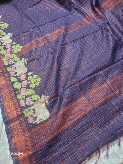 Mangalagiri Zari stripe silk saree with Pichwai Embroidery - Dark Purple copper zari