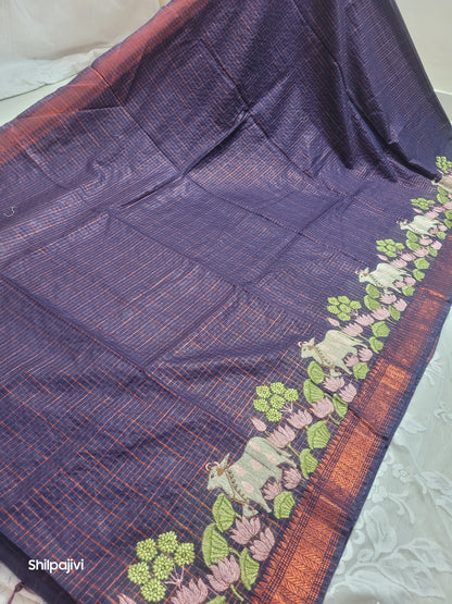 Mangalagiri Zari stripe silk saree with Pichwai Embroidery - Dark Purple copper zari