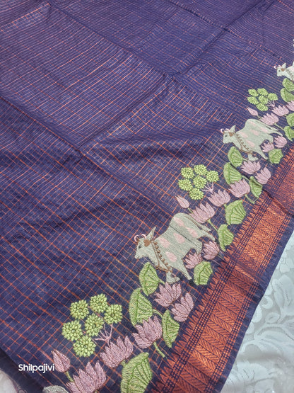 Mangalagiri Zari stripe silk saree with Pichwai Embroidery - Dark Purple copper zari