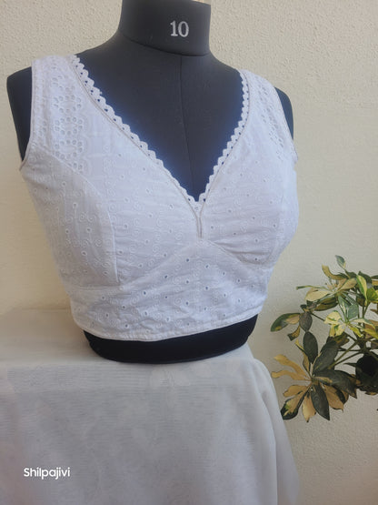 White chikankari readymade padded blouse - sleeveless