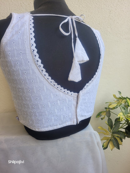 White chikankari readymade padded blouse - sleeveless