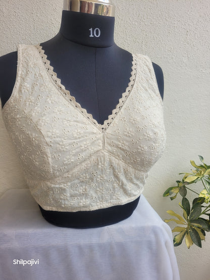 Offwhite chikankari readymade padded blouse - sleeveless