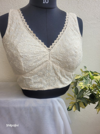 Offwhite chikankari readymade padded blouse - sleeveless