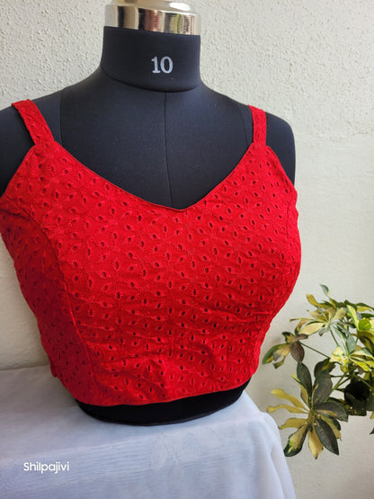 Noodle Strap red Chikankari Readymade Blouse