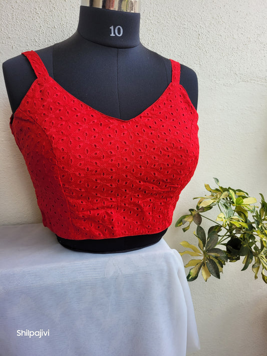 Noodle Strap red Chikankari Readymade Blouse