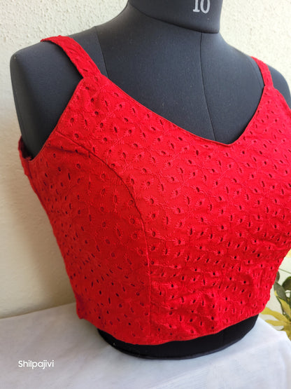 Noodle Strap red Chikankari Readymade Blouse