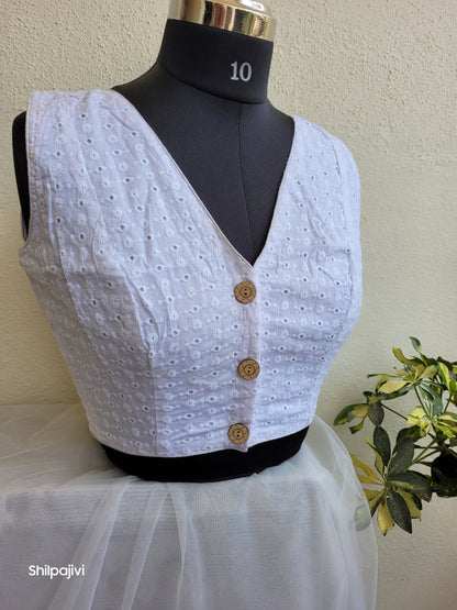 White chikankari readymade Non padded blouse - sleeveless