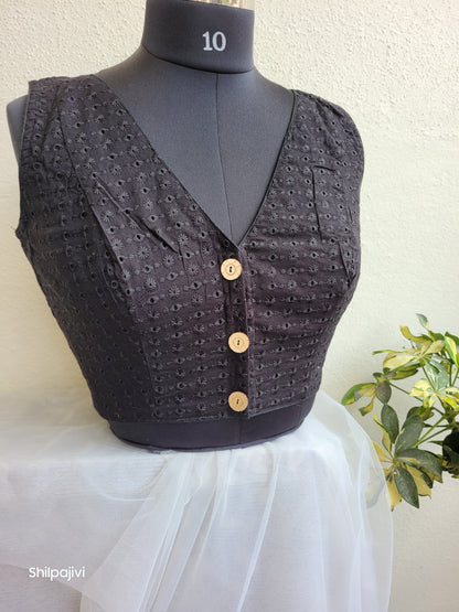 Black chikankari readymade Non padded blouse - sleeveless