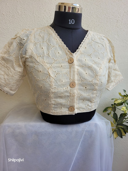 Offwhite chikankari Puff sleeves readymade Non padded blouse
