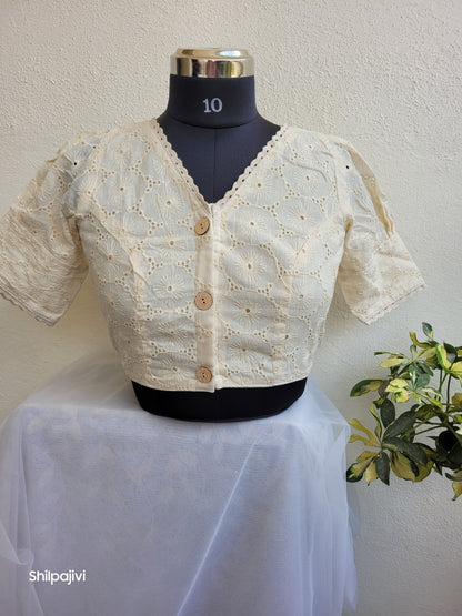 Offwhite chikankari Puff sleeves readymade Non padded blouse