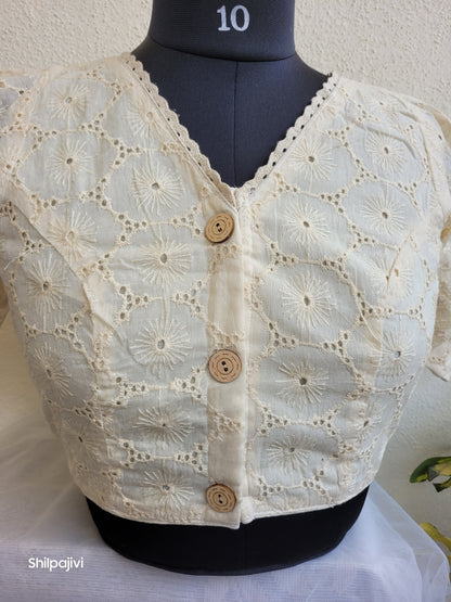 Offwhite chikankari Puff sleeves readymade Non padded blouse