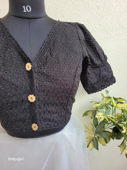 Black chikankari Puff sleeves readymade Non padded blouse