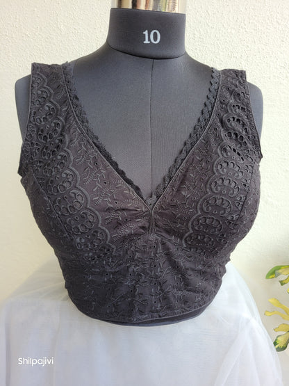 Black chikankari readymade padded blouse - sleeveless