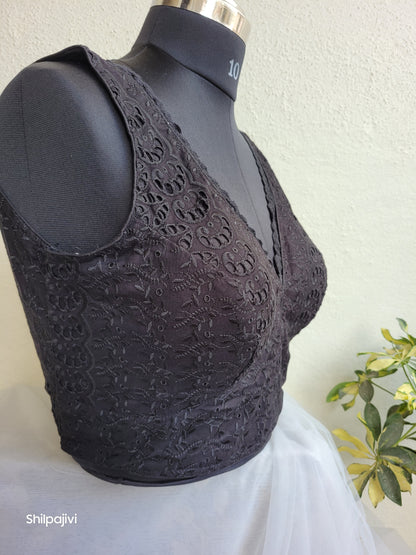 Black chikankari readymade padded blouse - sleeveless