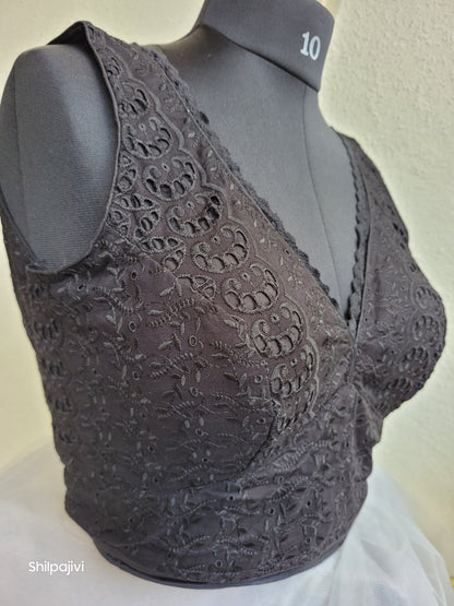 Black chikankari readymade padded blouse - sleeveless