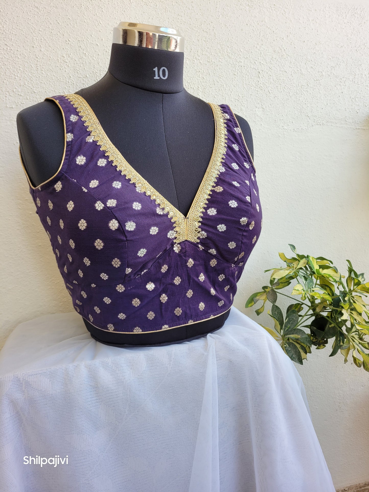 Silk Butta sleeveless padded Blue Blouse