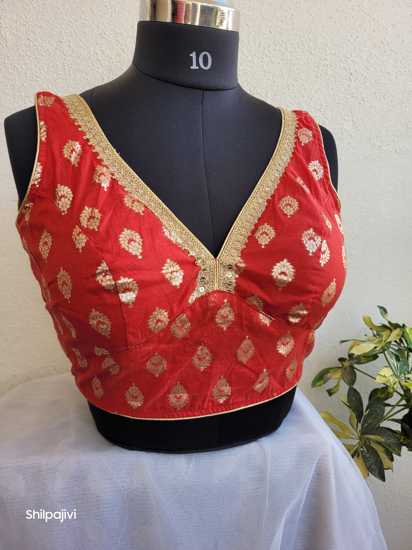 Silk Butta sleeveless padded Red Blouse