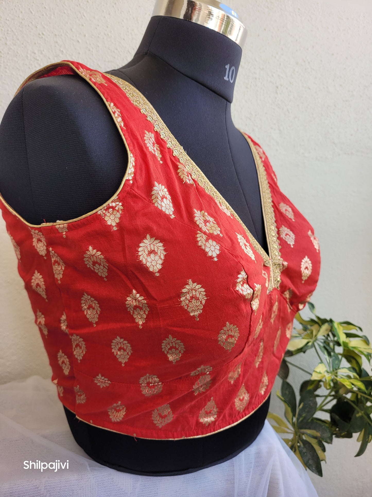 Silk Butta sleeveless padded Red Blouse