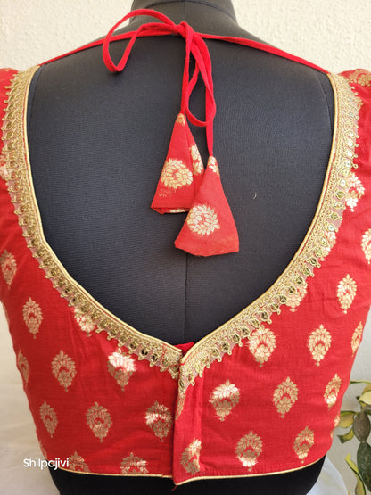 Silk Butta sleeveless padded Red Blouse