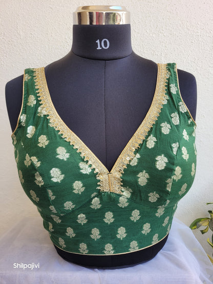 Silk Butta sleeveless padded Green Blouse